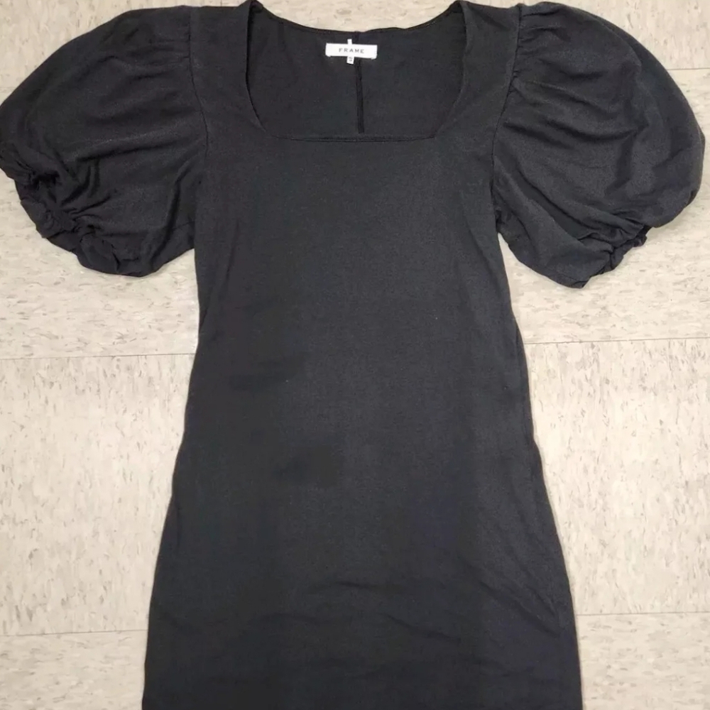 FRAME XP TP Black Linen Puff Sleeve Mini Dress